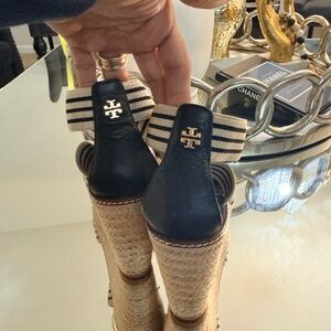Tory Burch Black & White Striped Wedge Espadrille Sandals